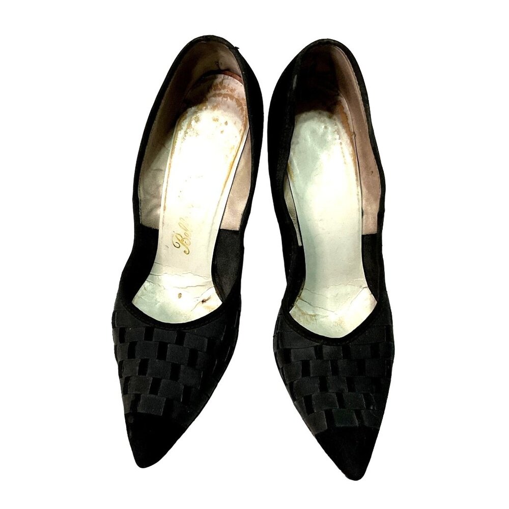 Vtg Belle Mode Black Suede Heels Sz 7 Ribbon Accents 3.5" Heel Pointed Toe Women